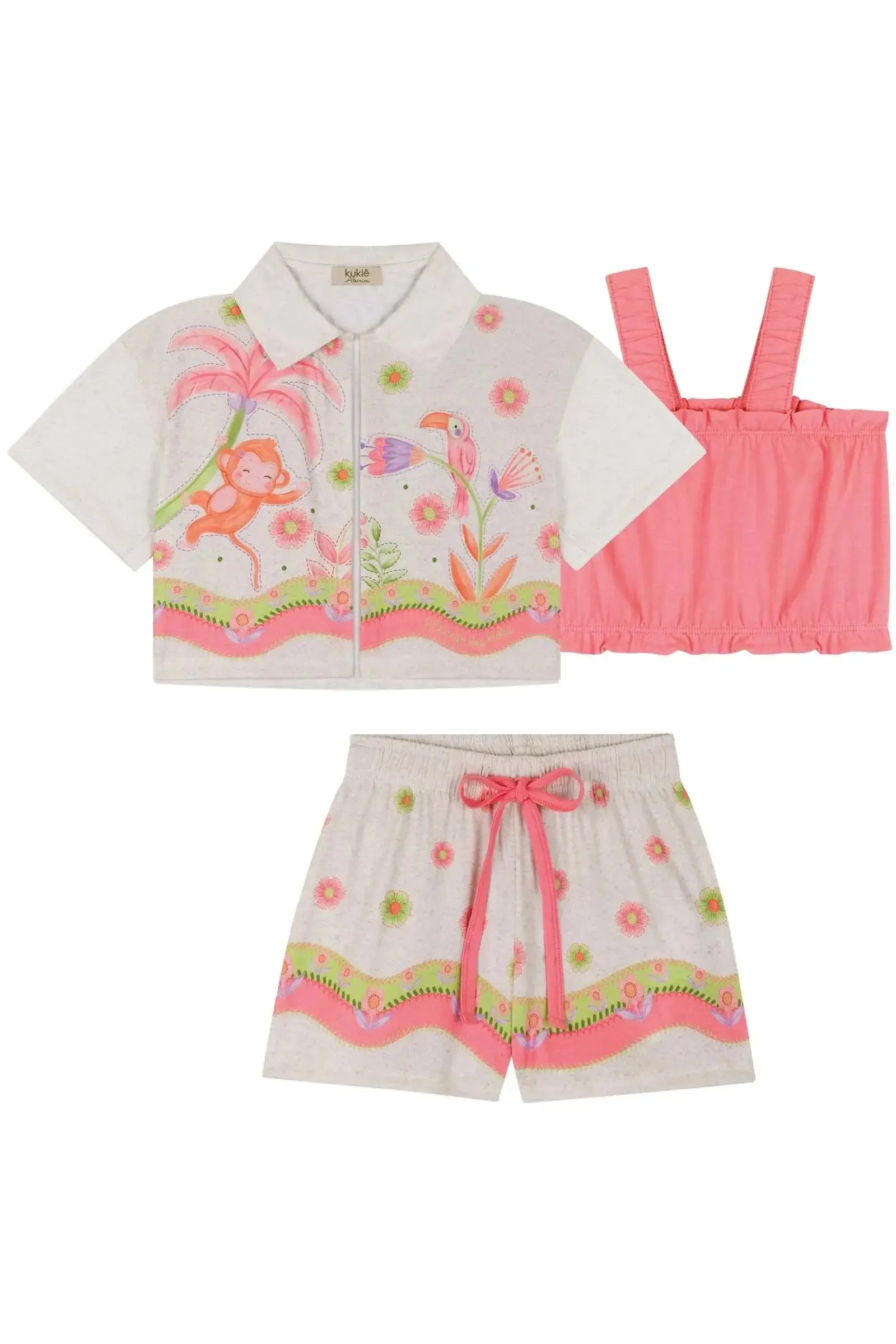 Trio de Top Cropped em Cotton e Camisa e Shorts em Malha Fresh 84753 Kukiê Infantil Menina