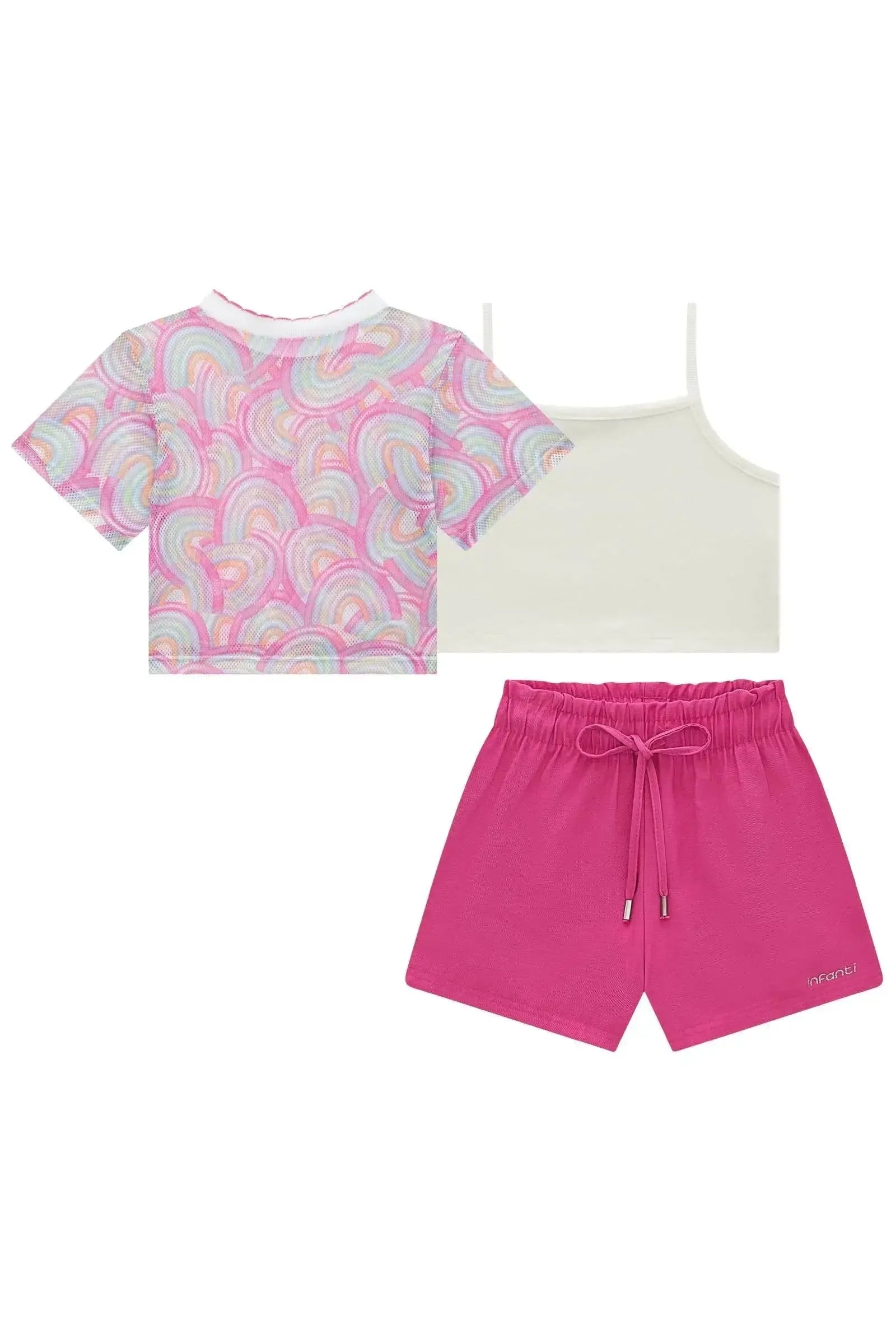 Trio de Top em Ribana Canelada Blusa em Tela Fashion e Shorts em Cupro 93253 Infanti Infantil Menina