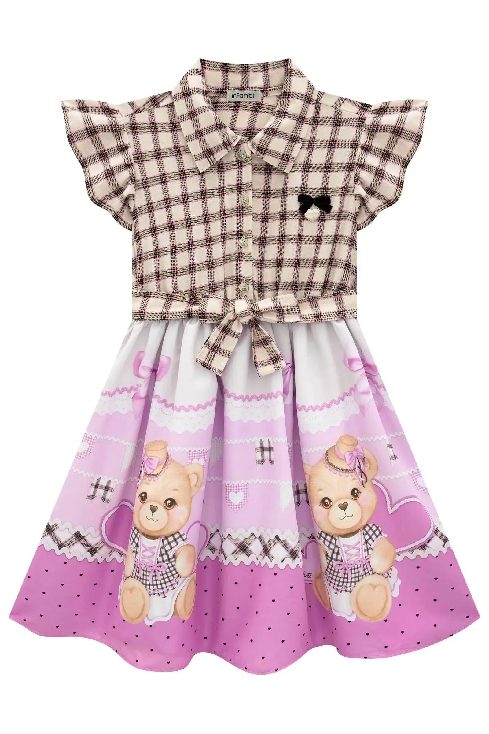 Vestido com Camisa Xadrez e Saia em Nylon com Estampa de Urso Junino. Um Look Caipira Boneca com Charme e Estilo Para O São João. 97510 Infanti Infantil Menina