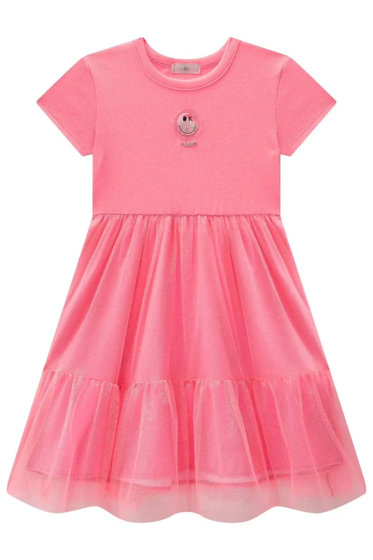 Vestido em Canelado e Tule Brilho 98049 Kukiê Infantil Menina