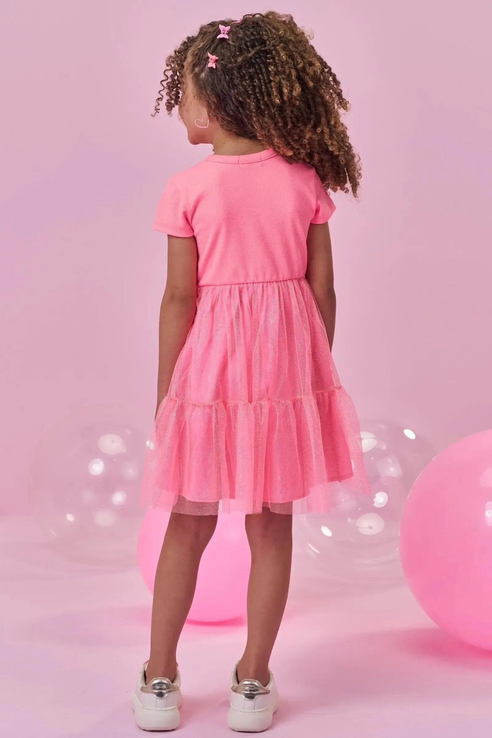 Vestido em Canelado e Tule Brilho 98049 Kukiê Infantil Menina