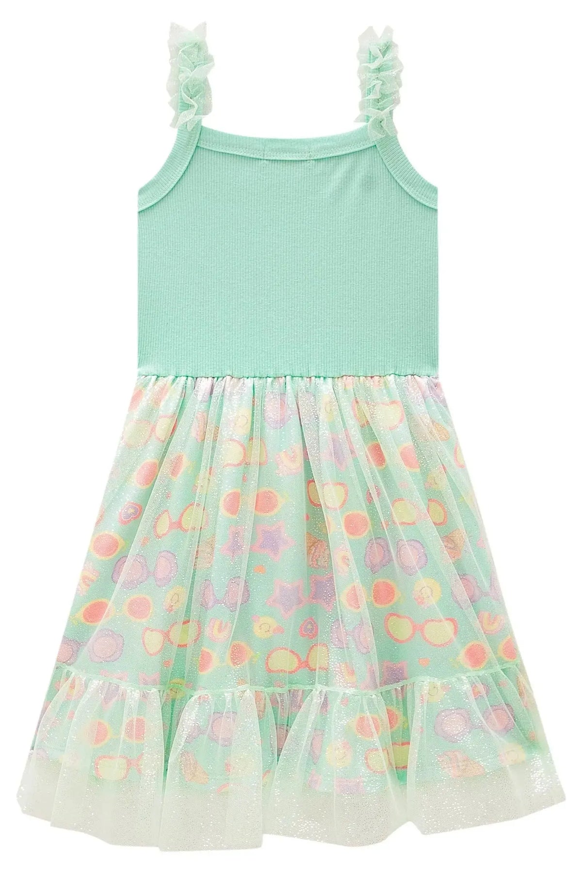 Vestido em Canelado e Tule Glitter 99039 Kukiê Infantil Menina