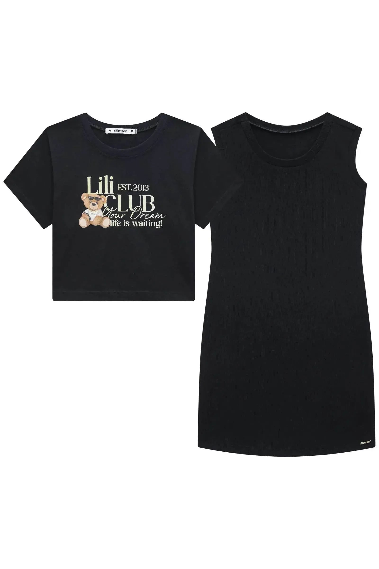 Vestido em Canelado Liz e Blusa de Sobreposição em Meia Malha 94619 Lilimoon Teen Menina