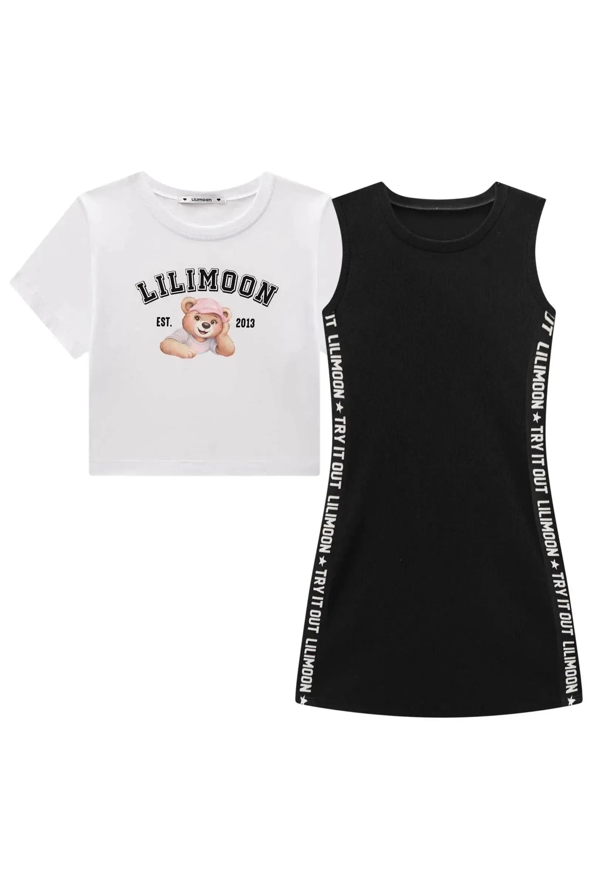 Vestido em Canelado Liz e Blusa de Sobreposição em Meia Malha 98203 Lilimoon Teen Menina