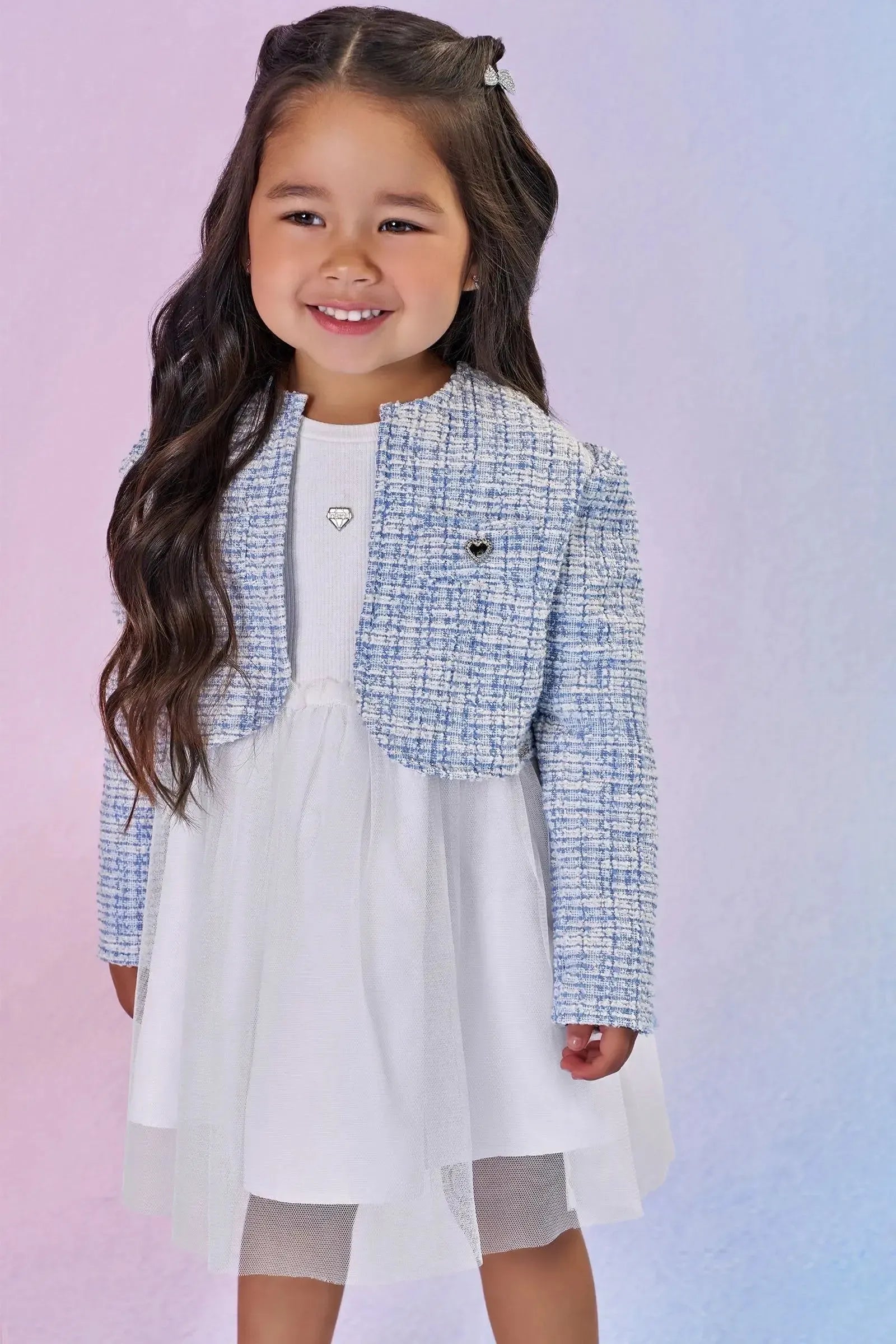 Vestido em Canelado Liz e Tule com Elastano com Bolero em Malha Tweed 90966 Infanti Infantil Menina