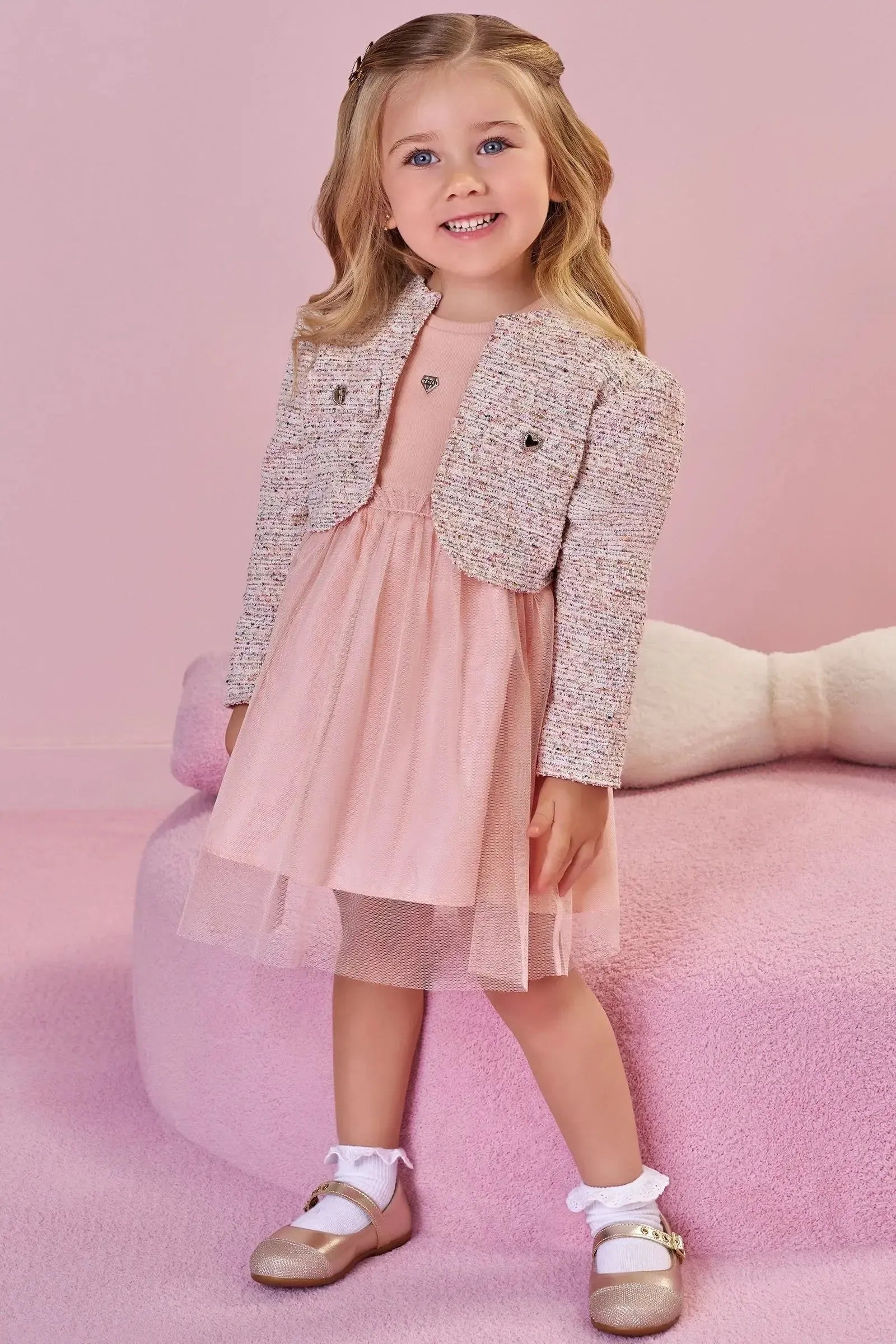 Vestido em Canelado Liz e Tule com Elastano com Bolero em Malha Tweed 91350 Infanti Infantil Menina