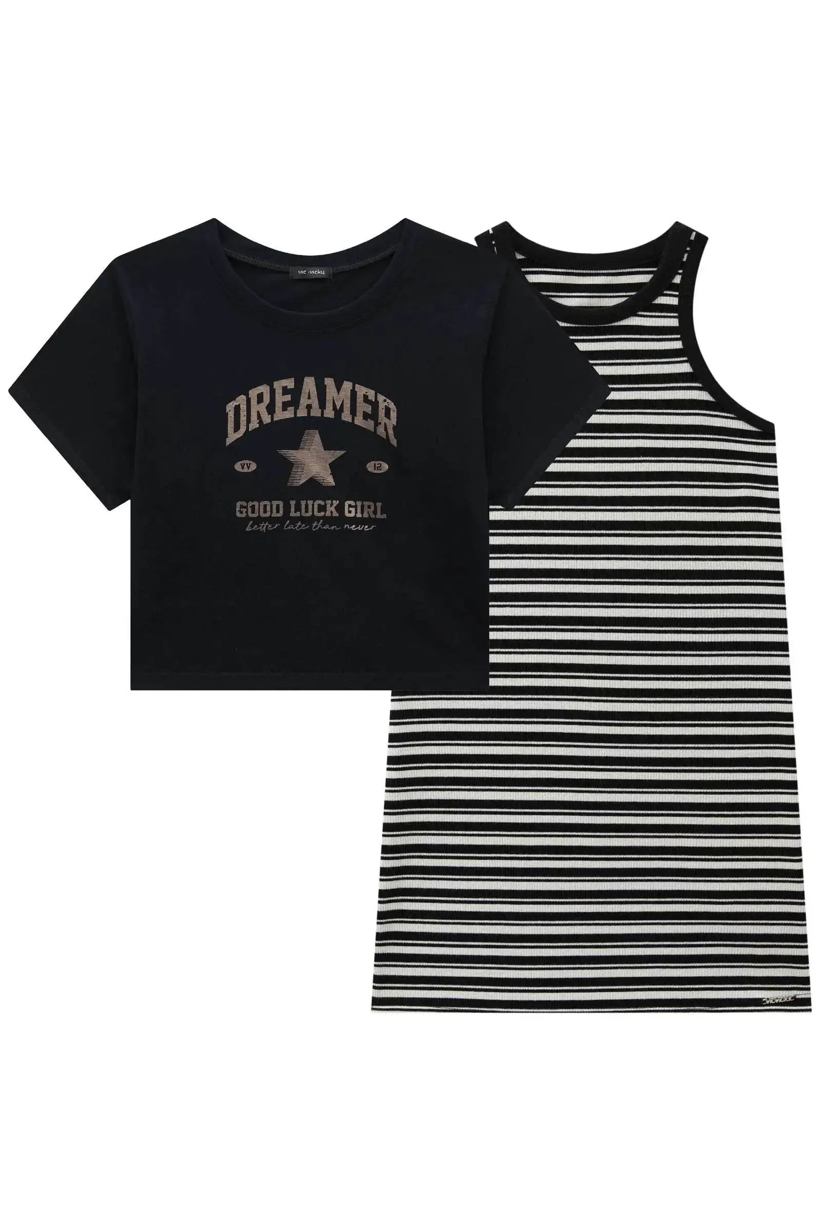 Vestido em Canelado Luna de Viscose e Blusa Boxy Over Sobreposição em Meia Malha 93481 Vic&Vicky Teen Menina