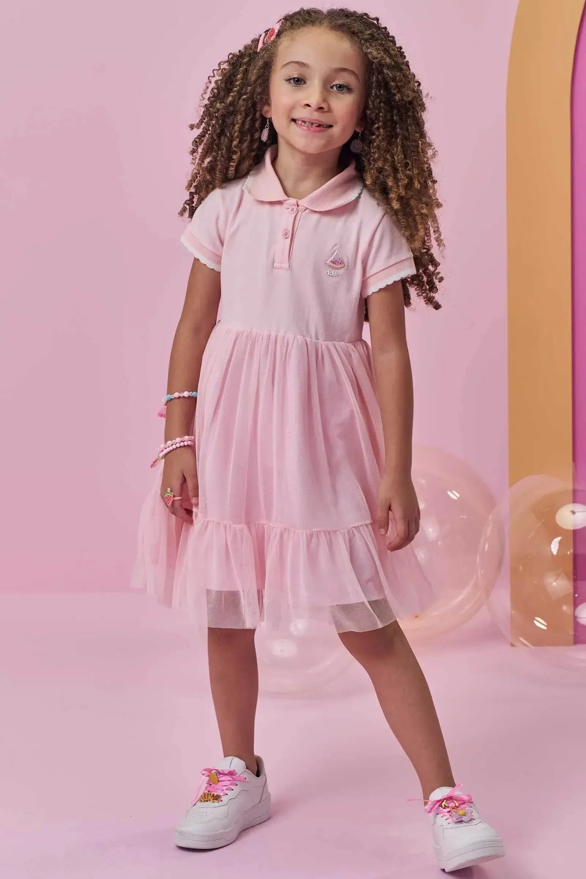 Vestido em Cotton e Tule com Elastano 98062 Kukiê Infantil Menina