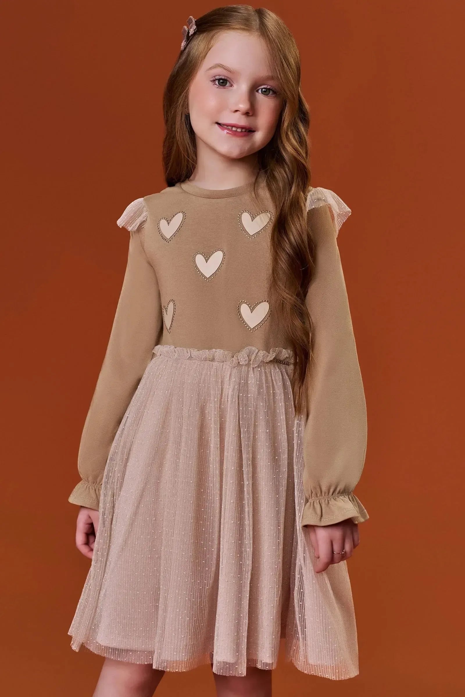 Vestido em Cotton e Tule Plissado Poá 90392 Infanti Infantil Menina