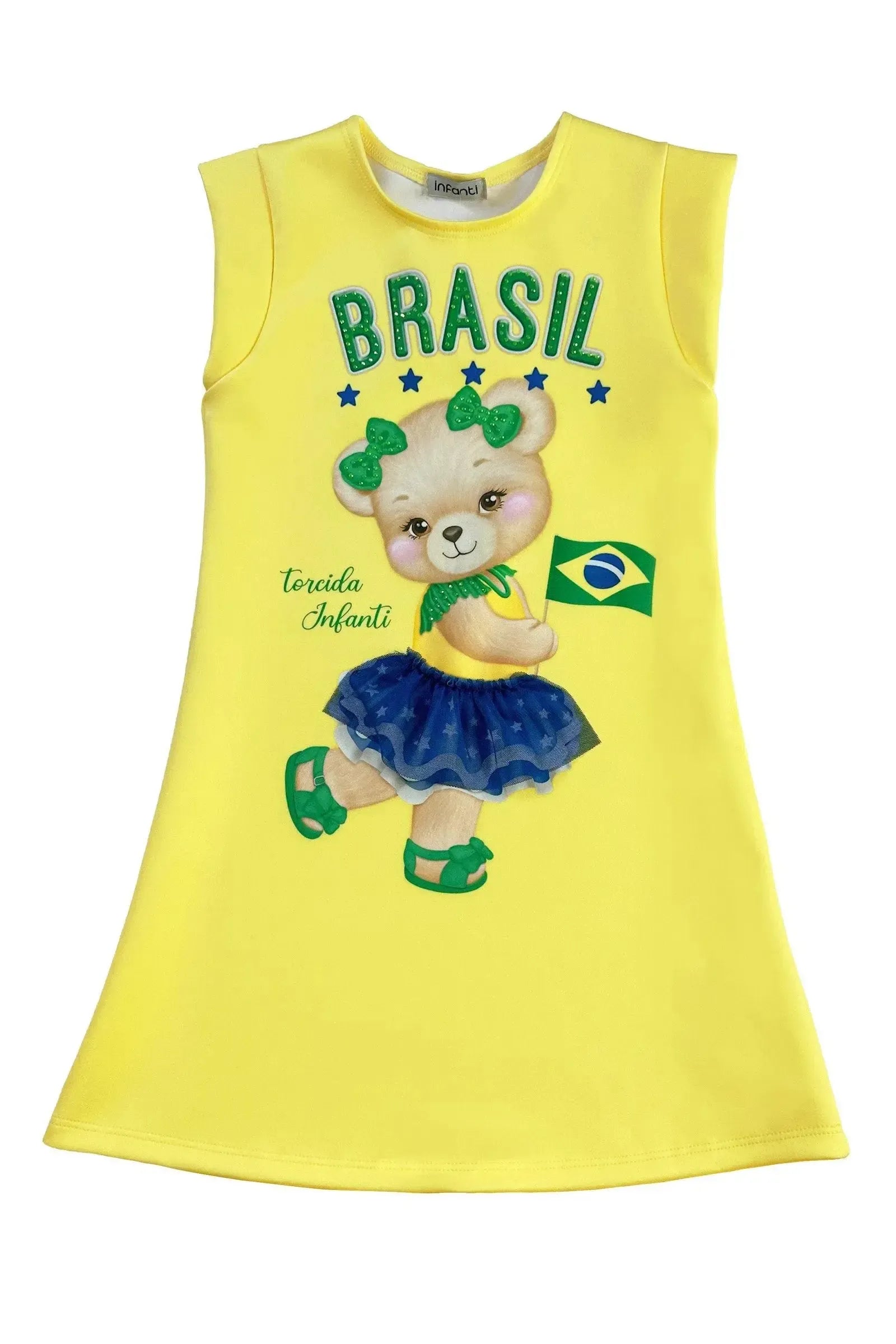 Vestido em Fly Tech Conforto Para Os Dias de Jogo. Ursinha Torcedora com Saia de Tule e Muito Brilho Para Viver O Clima Da Copa com a Infanti. 99746 Infanti Infantil Menina
