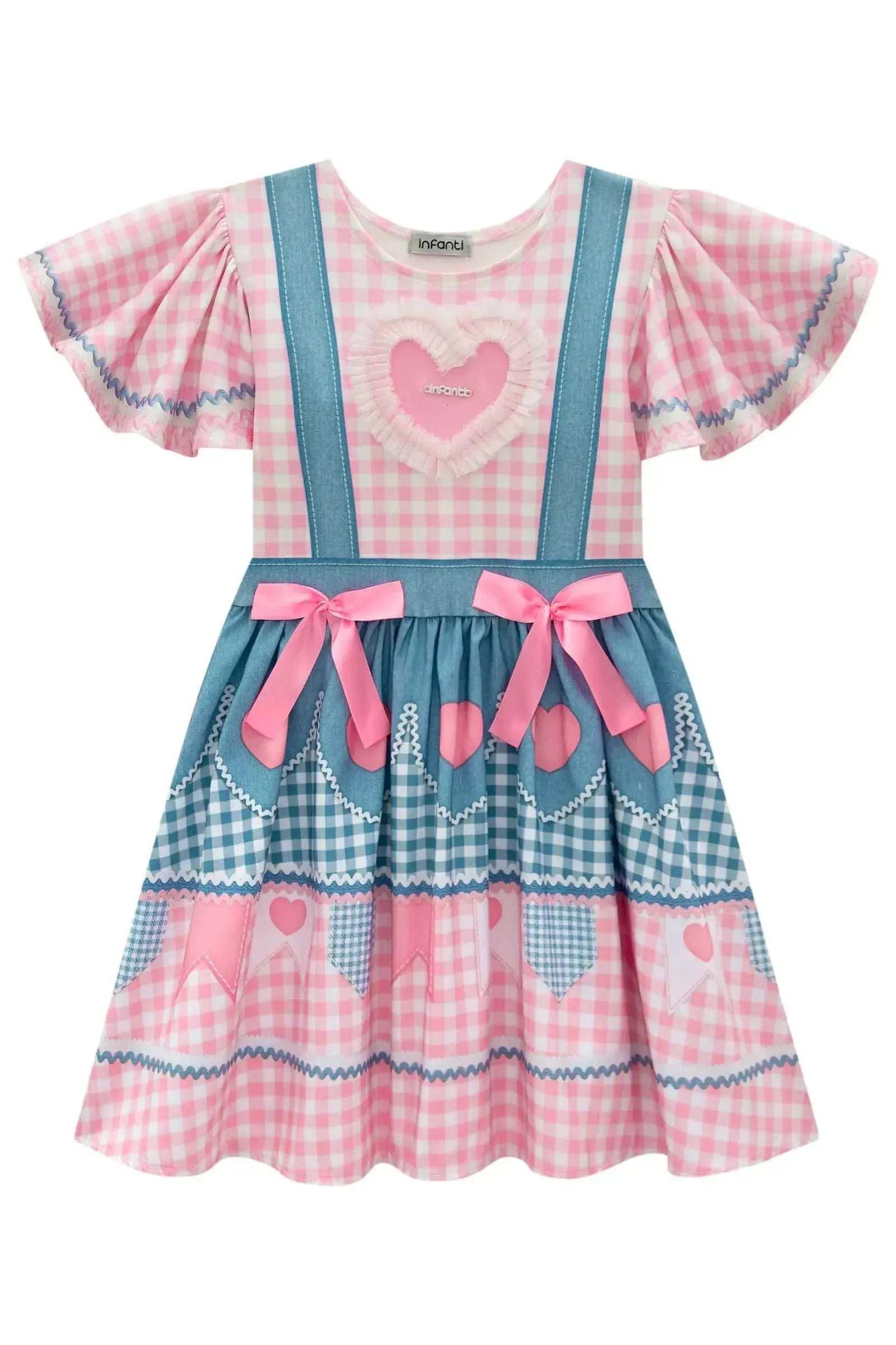 Vestido em Fly Tech e Nylon em Delicado Mix de Azul e Rosa com Coração Bordado em Tule. Um Traje Caipira Chic e Encantador Da Infanti. 97507 Infanti Infantil Menina