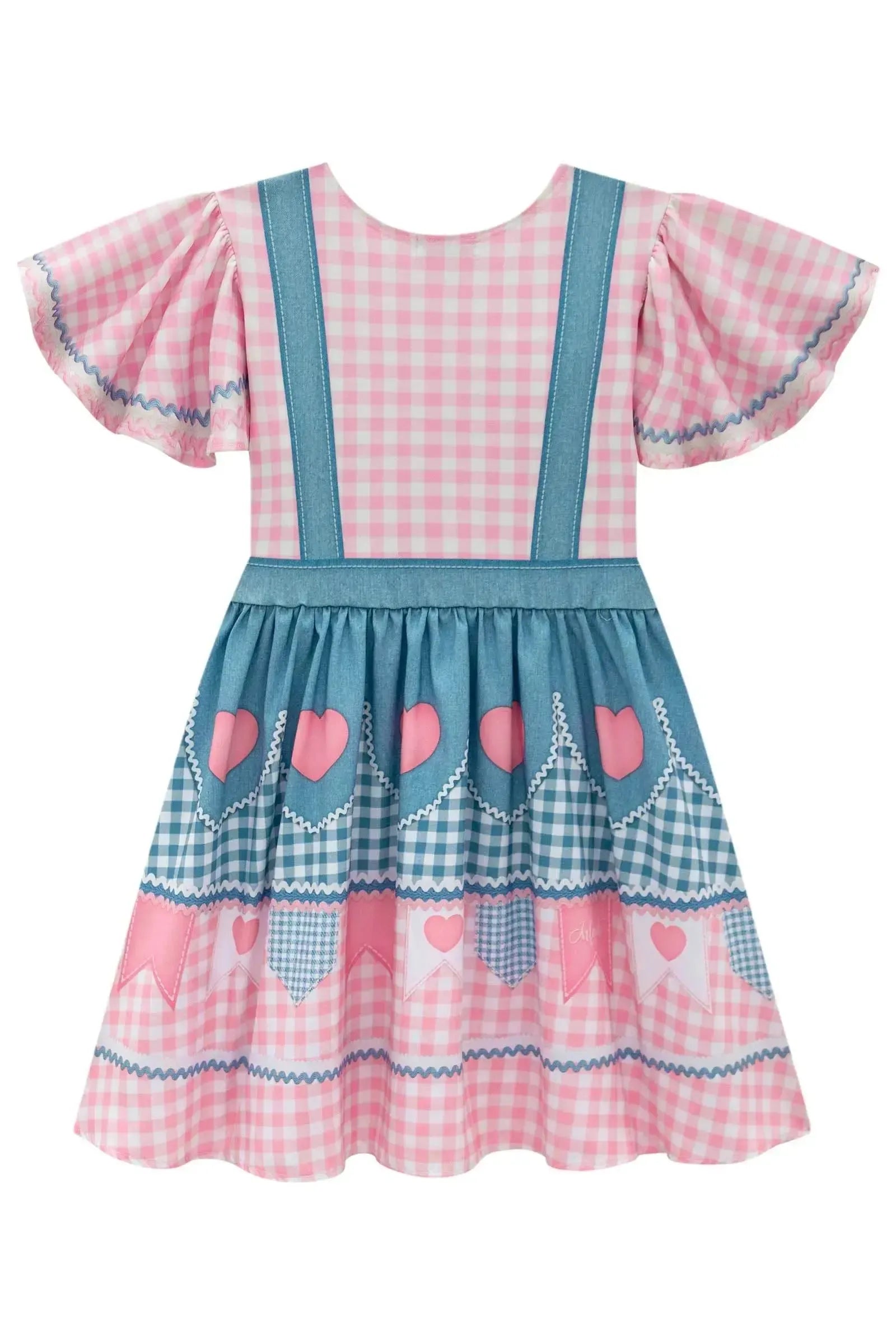 Vestido em Fly Tech e Nylon em Delicado Mix de Azul e Rosa com Coração Bordado em Tule. Um Traje Caipira Chic e Encantador Da Infanti. 97507 Infanti Infantil Menina