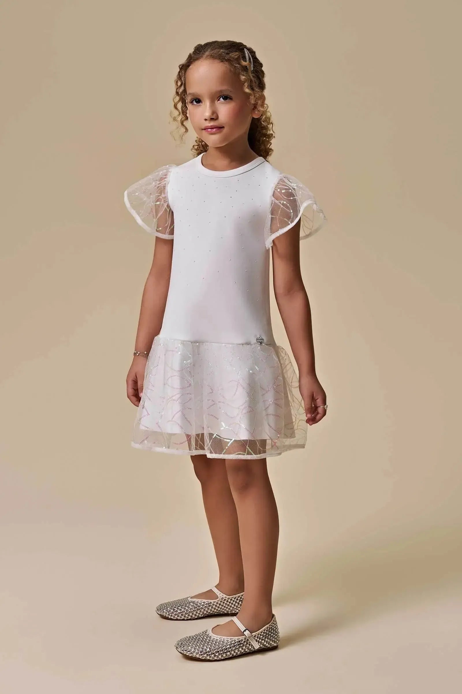Vestido em Fly Tech e Tule Paetê 95719 Infanti Infantil Menina