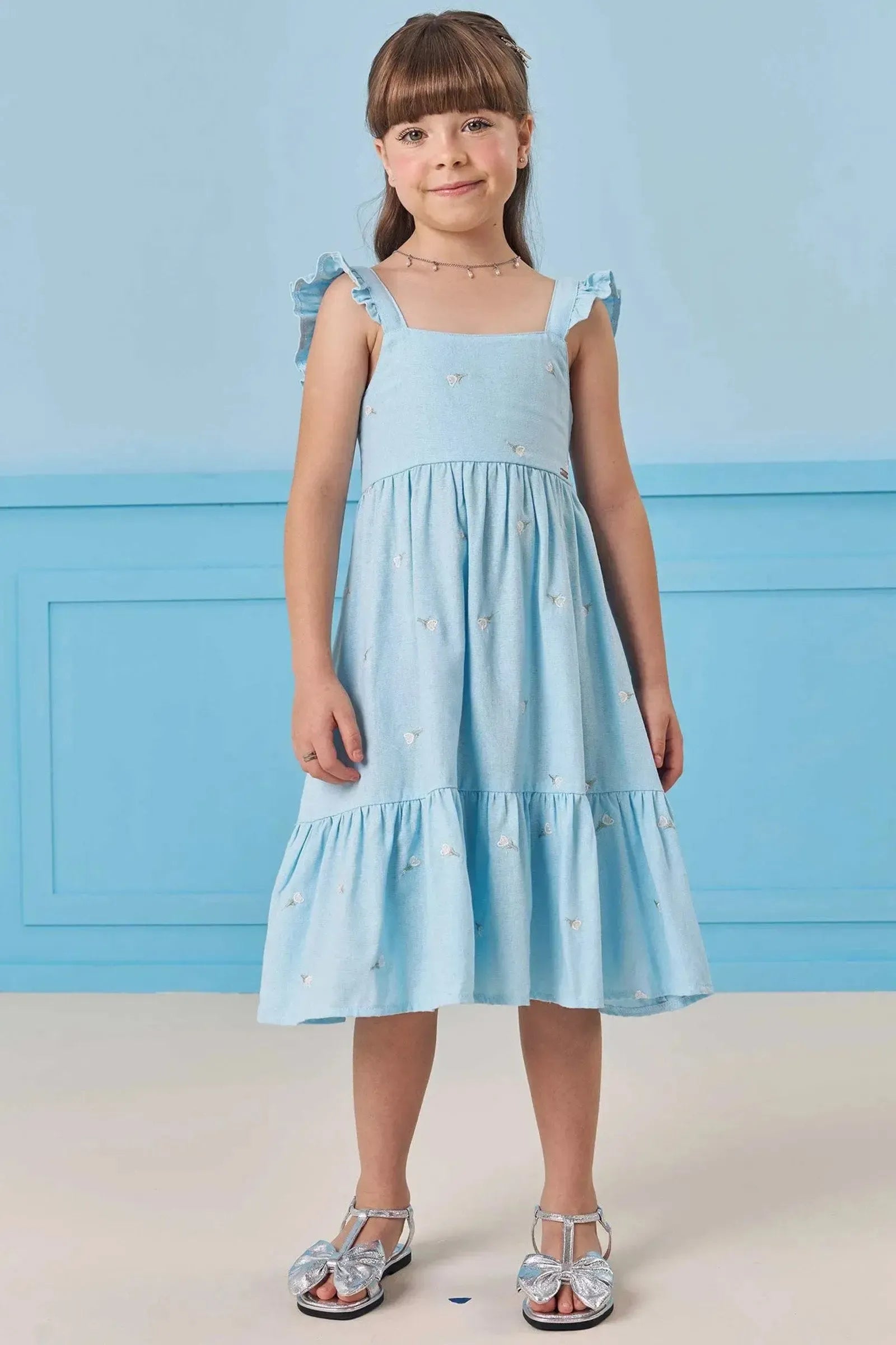 Vestido em Linho Bordado Flores 84002 Infanti Infantil Menina