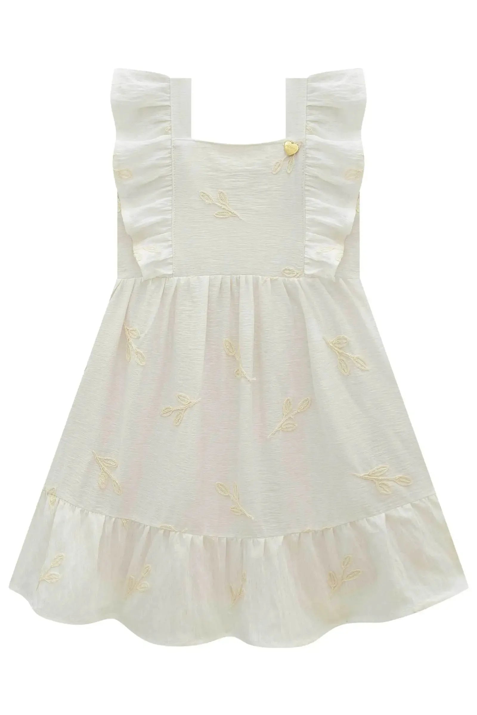 Vestido em Linho Bordado Folhas 98535 Infanti Infantil Menina
