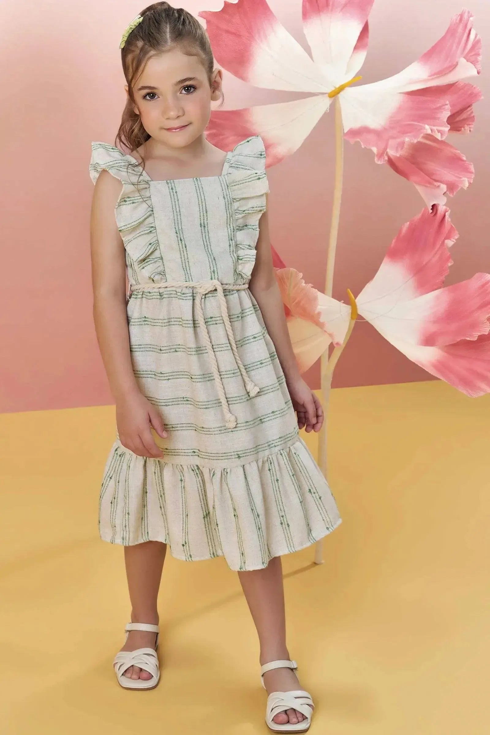 Vestido em Linho Bordado Listras 82929 Infanti Infantil Menina