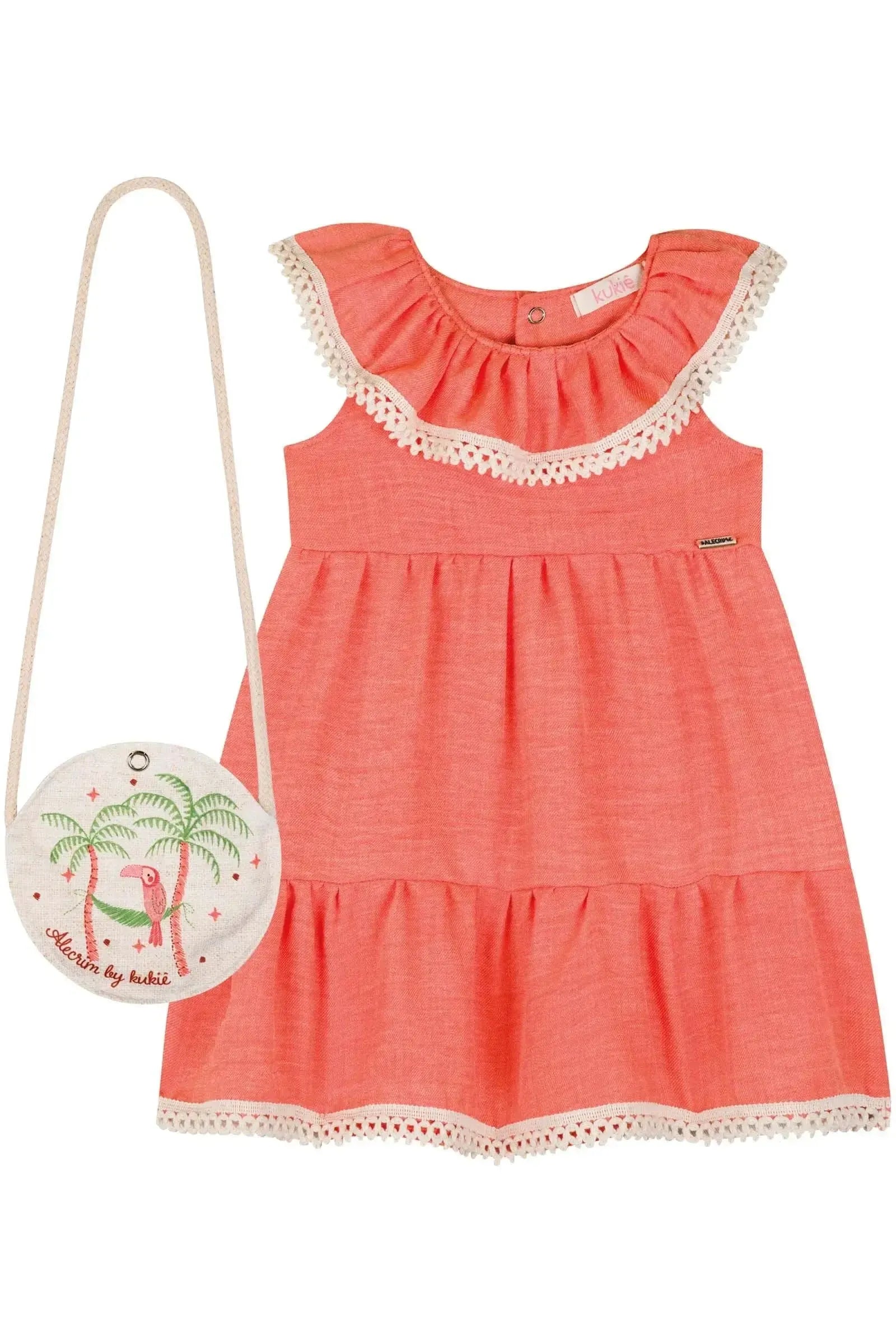Vestido em Linho Rajado. Acompanha Bolsa 84793 Kukiê Bebê Menina