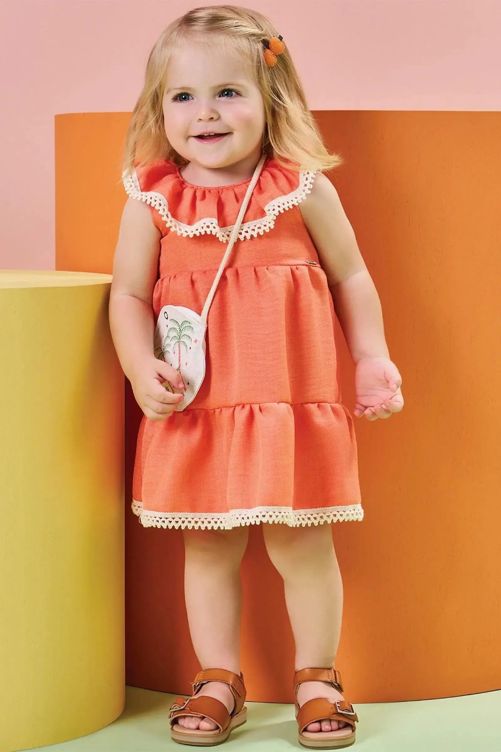 Vestido em Linho Rajado. Acompanha Bolsa 84793 Kukiê Bebê Menina