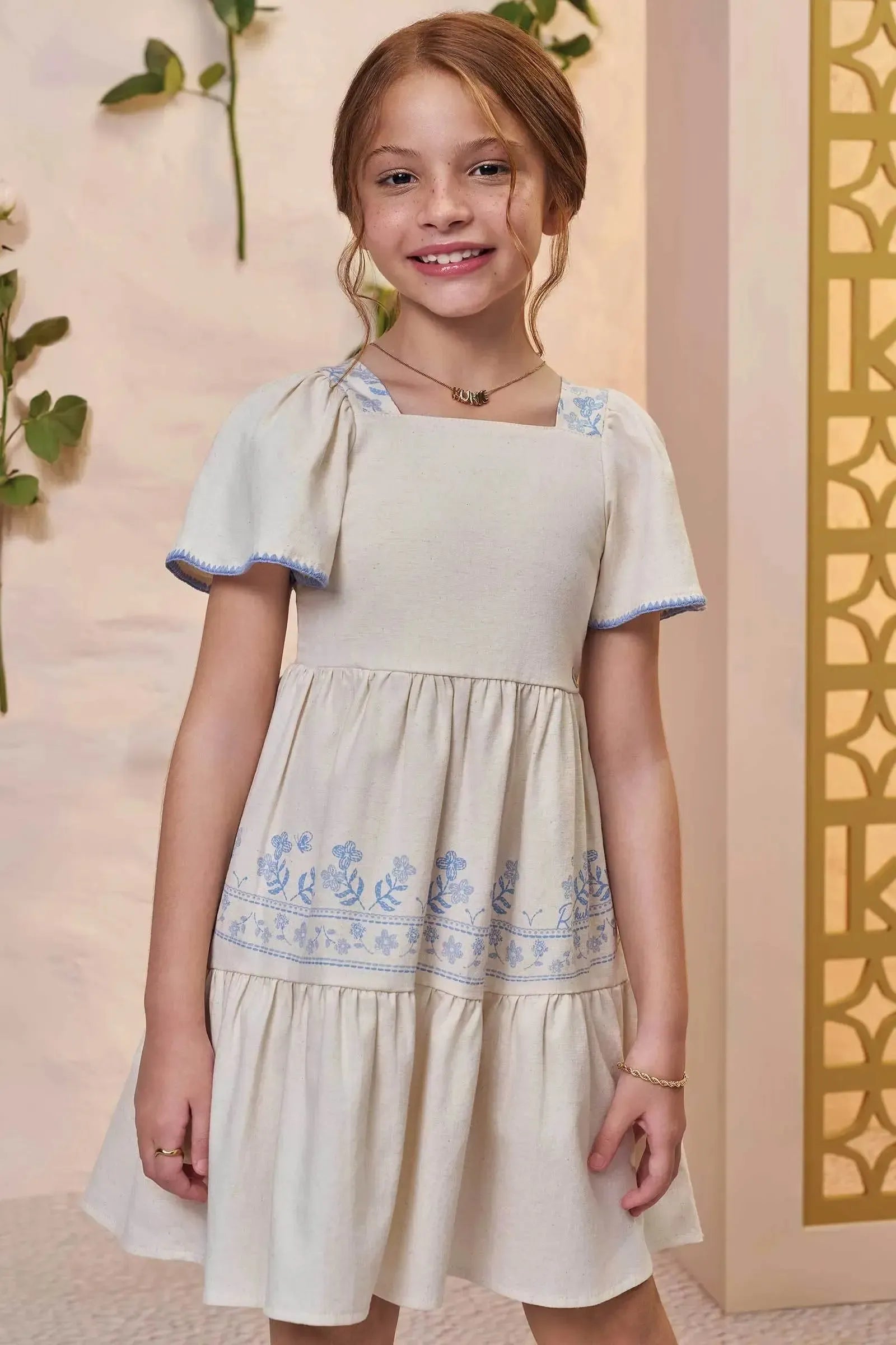 Vestido em Linho Santorini com Elastano 99685 Kukiê Infantil Menina