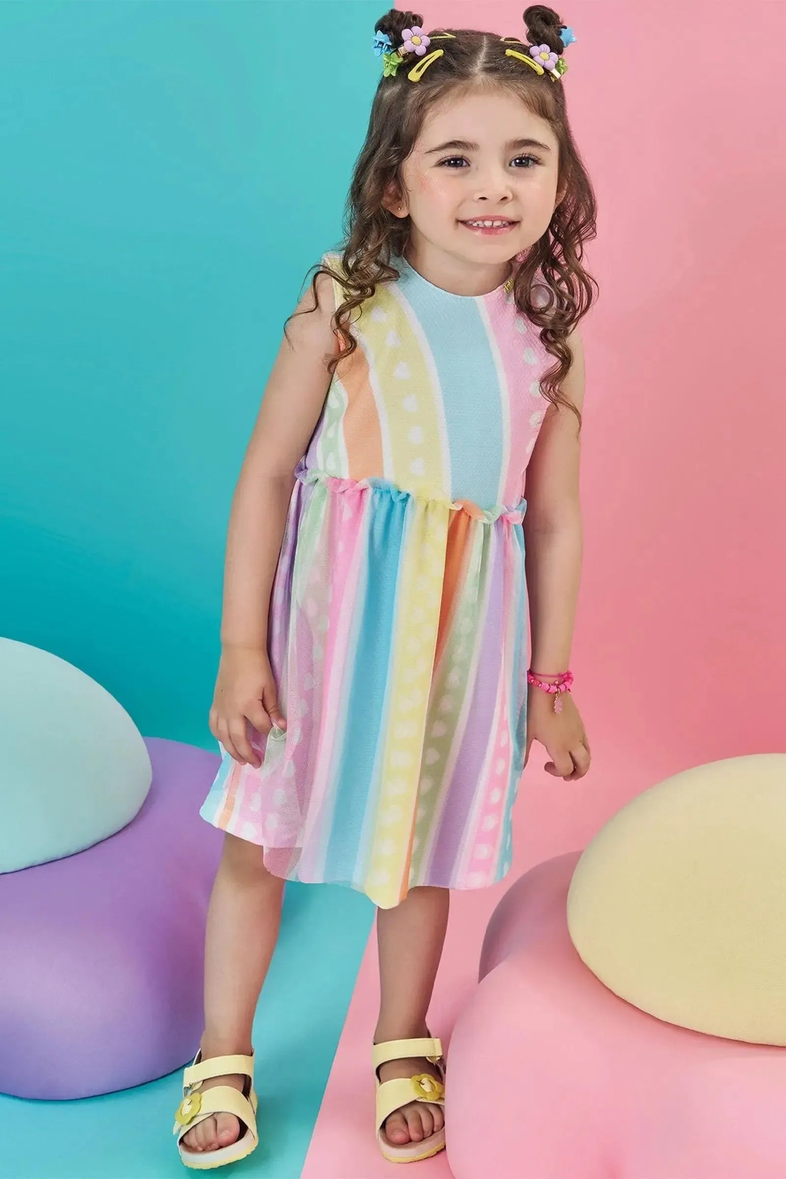 Vestido em Malha Favo e Tule com Elastano 84821 Kukiê Bebê Menina
