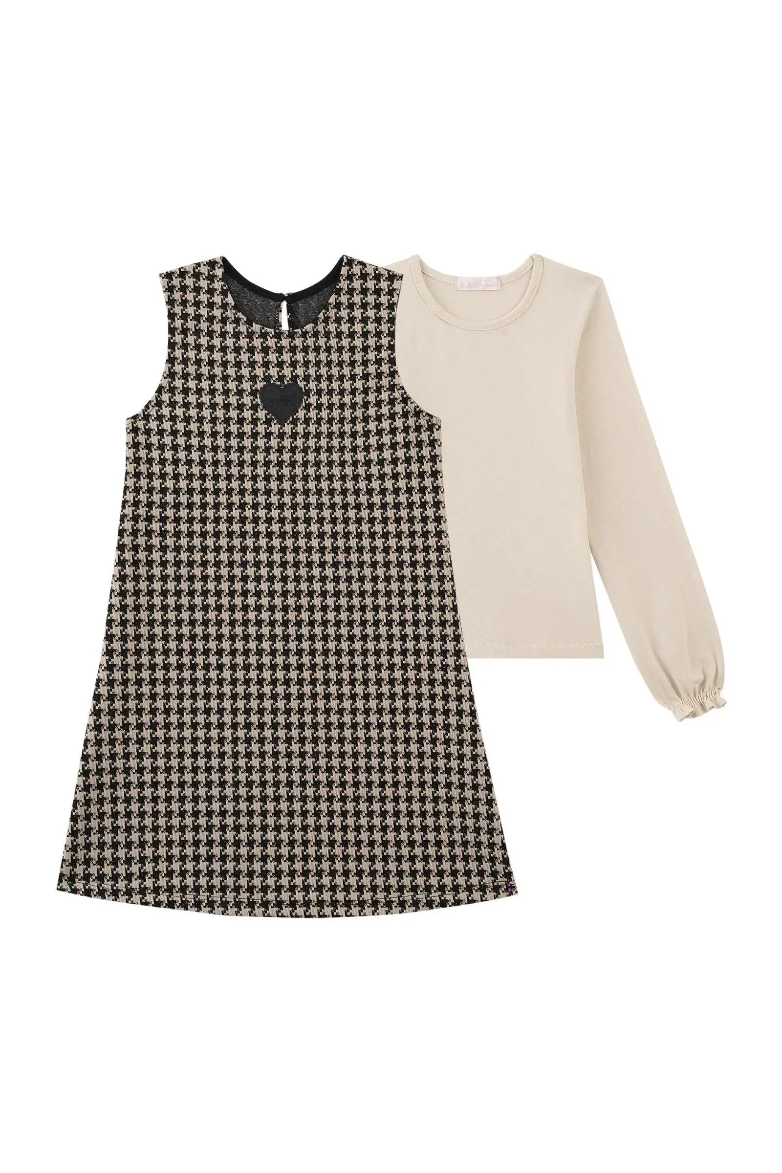 Vestido em Malha Jacquard Pied de Poule e Blusa em Cotton 92084 Kukiê Infantil Menina