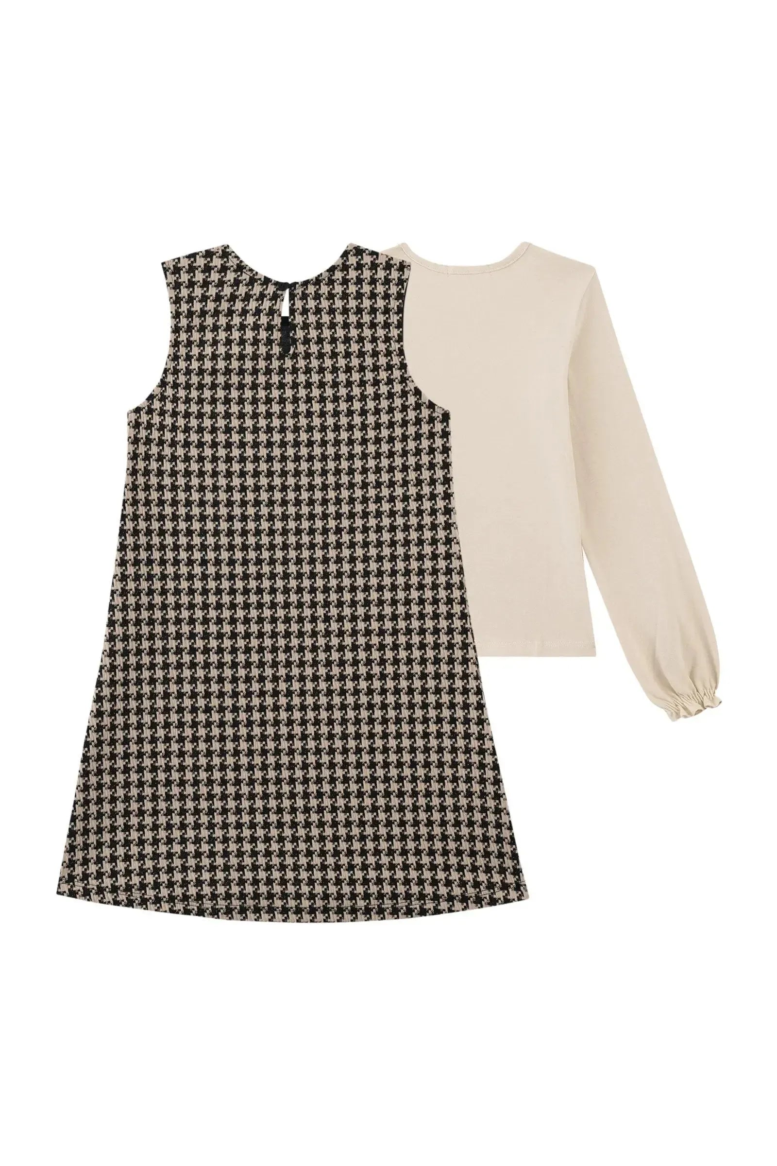 Vestido em Malha Jacquard Pied de Poule e Blusa em Cotton 92084 Kukiê Infantil Menina