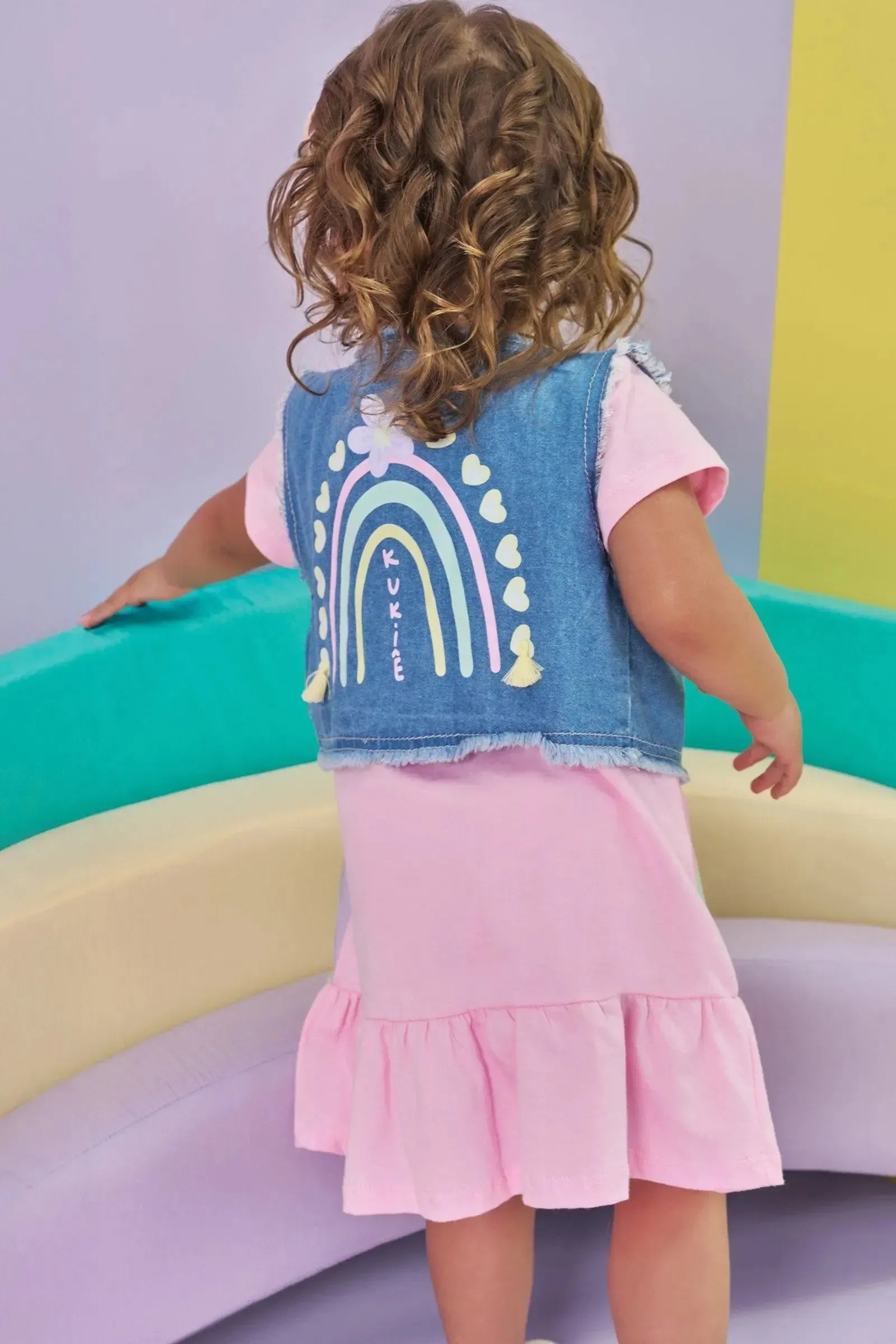 Vestido em Meia Malha e Colete em Jeans 85139 Kukiê Bebê Menina