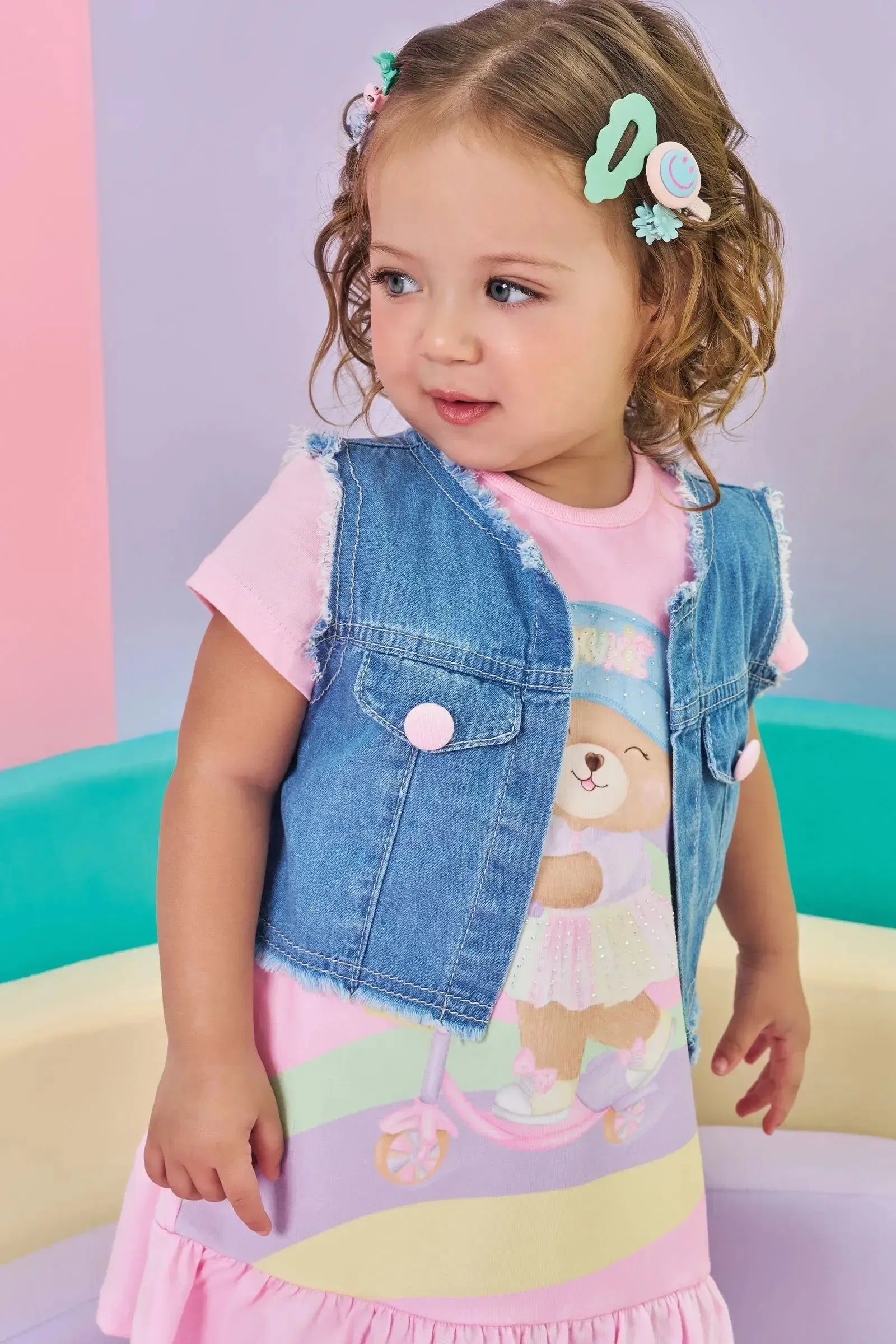Vestido em Meia Malha e Colete em Jeans 85139 Kukiê Bebê Menina