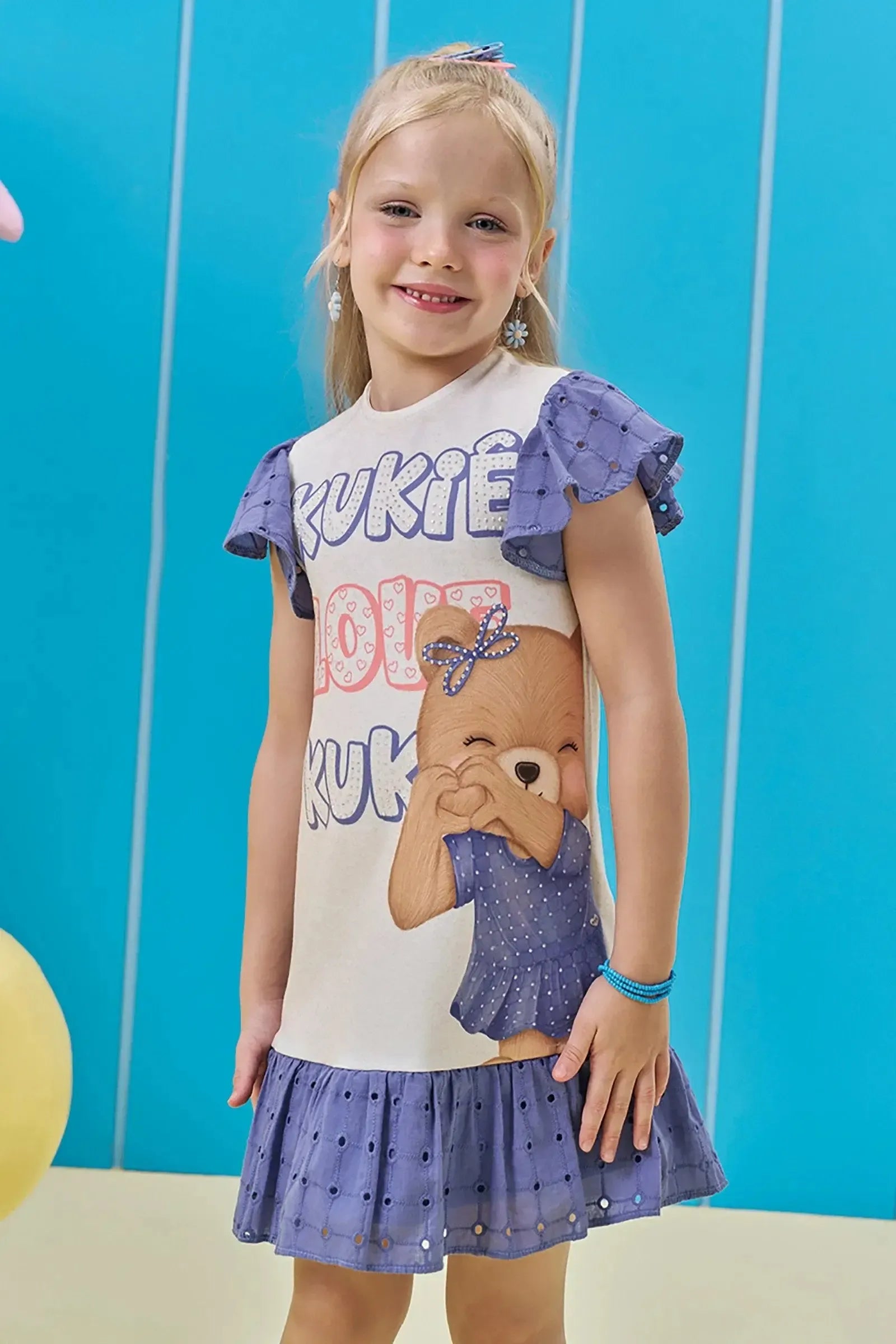 Vestido em Molecotton e Tecido Laise 93684 Kukiê Infantil Menina