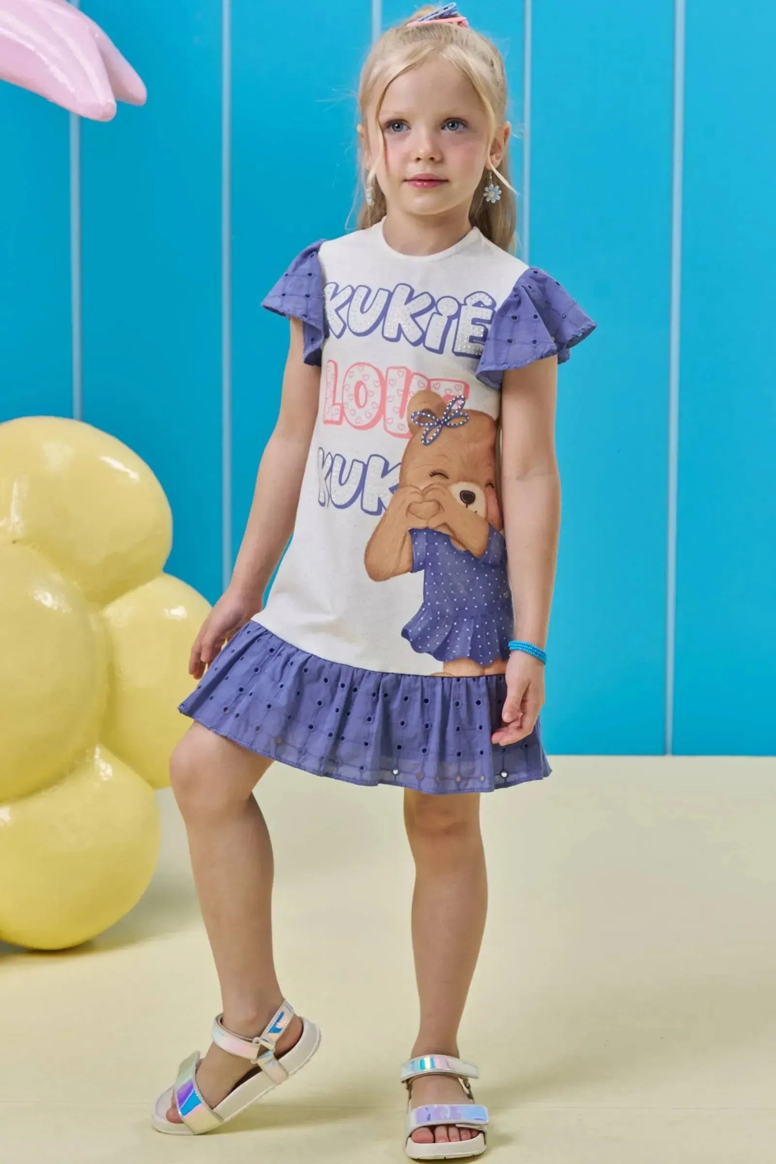 Vestido em Molecotton e Tecido Laise 93684 Kukiê Infantil Menina