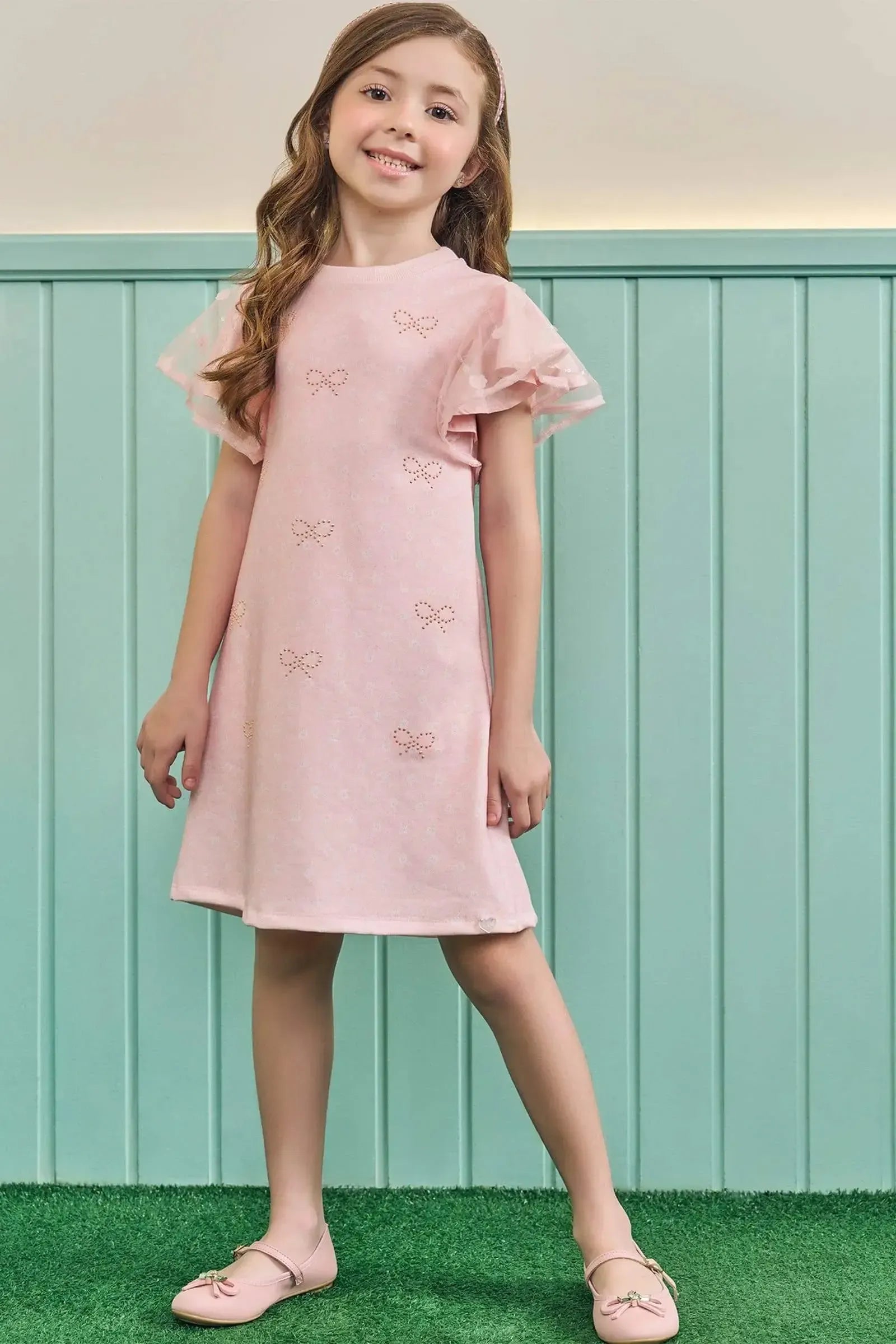 Vestido em Molecotton e Tule Bordado 83464 Kukiê Infantil Menina