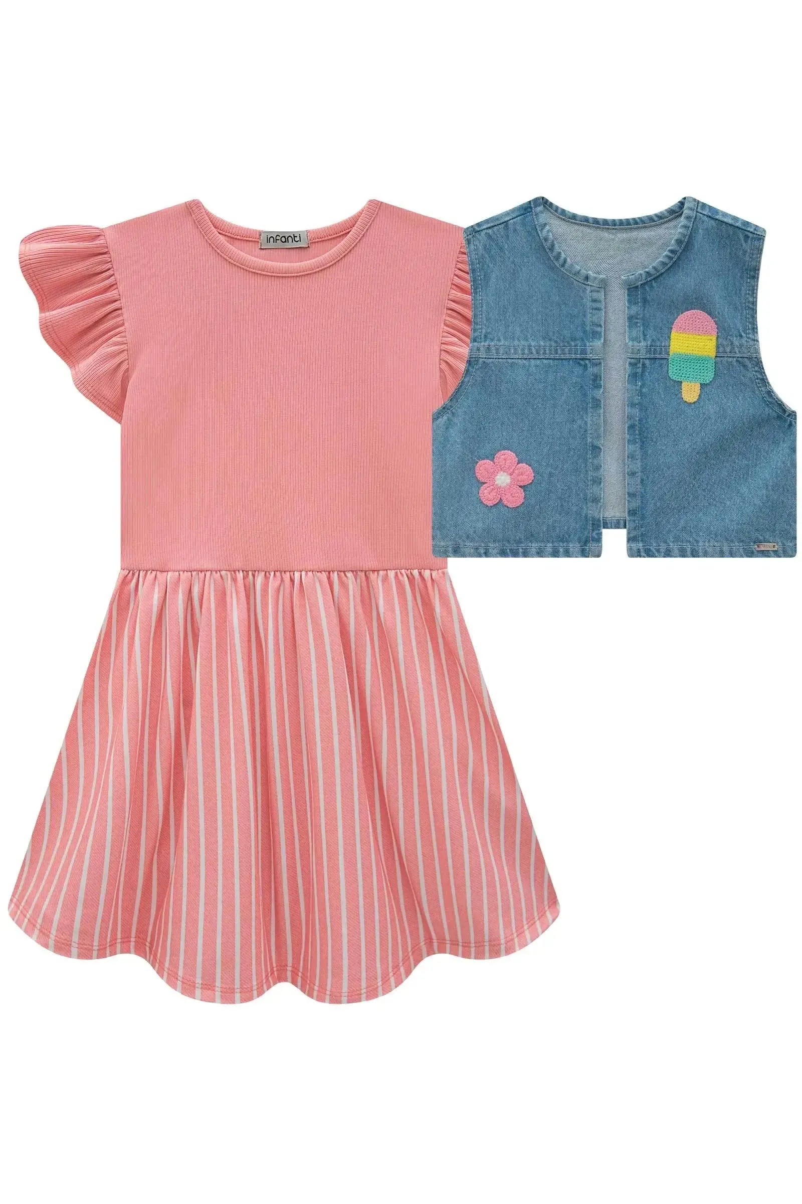 Vestido em Ribana Fancy e Malha Power e Colete em Jeans Arkansas 83528 Infanti Infantil Menina