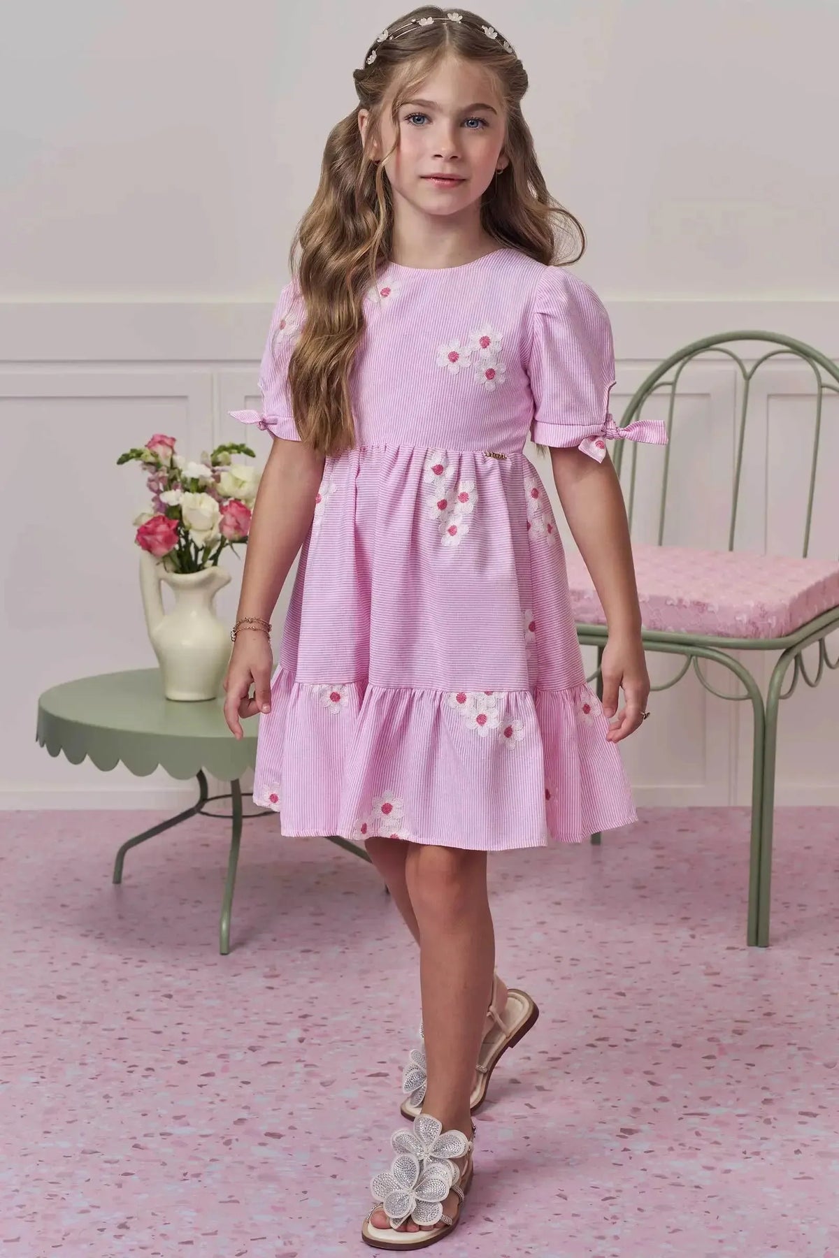 Vestido em Tricoline Bordado Flores 98777 Infanti Infantil Menina