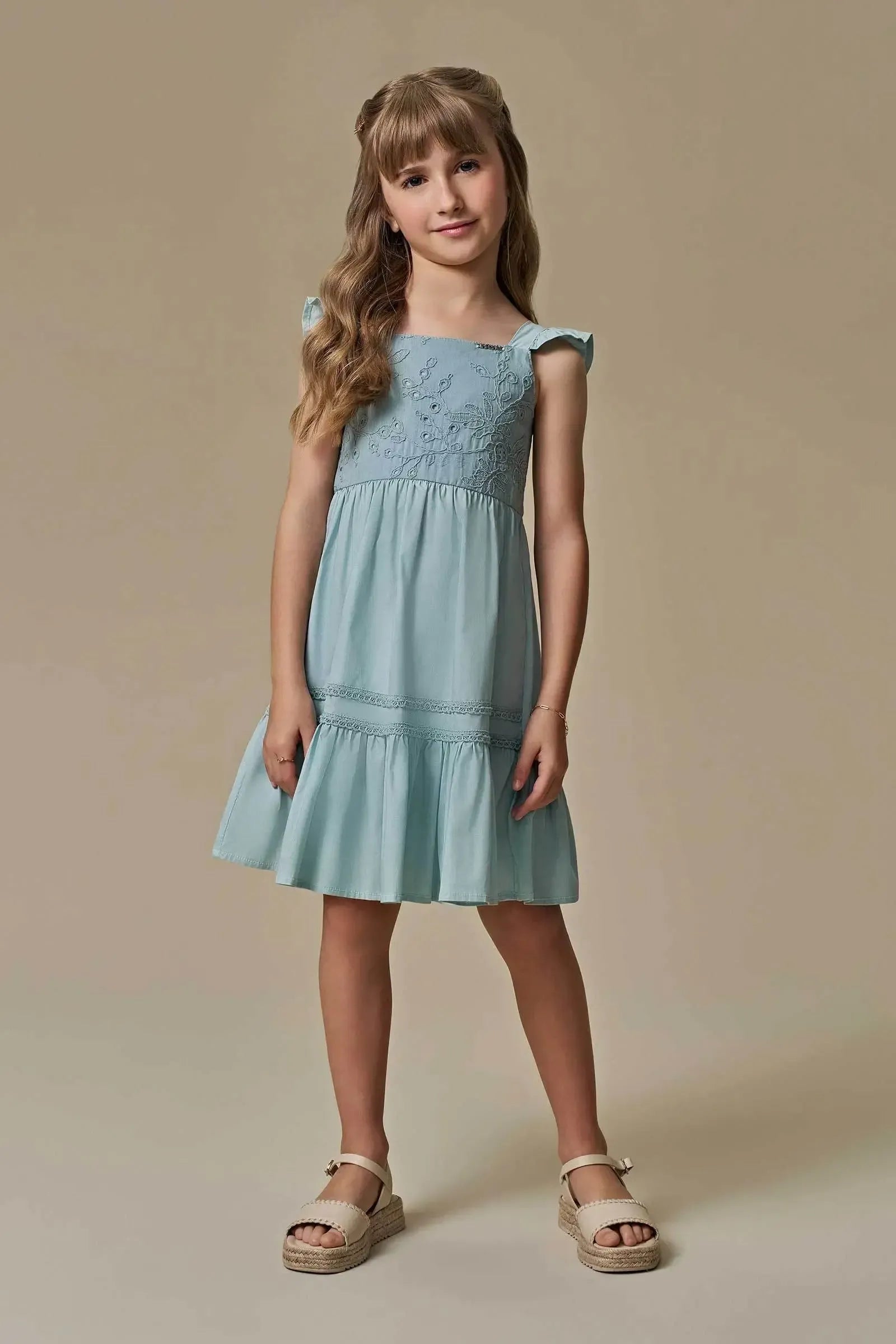 Vestido em Tricoline com Elastano e Tricoline Bordado 97010 Infanti Infantil Menina