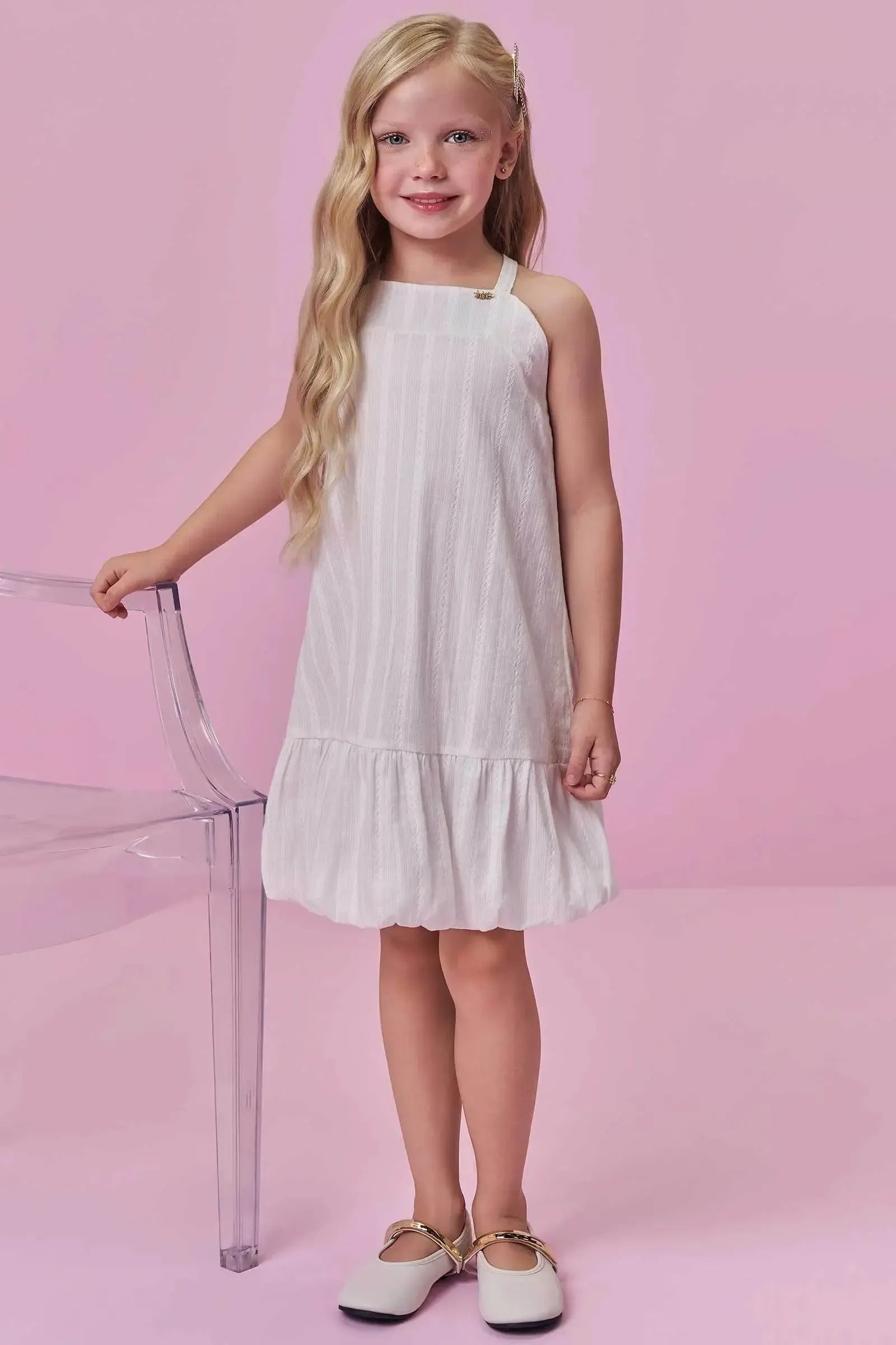 Vestido em Tricoline Textura Listrada 100% Algodão 99656 Kukiê Infantil Menina