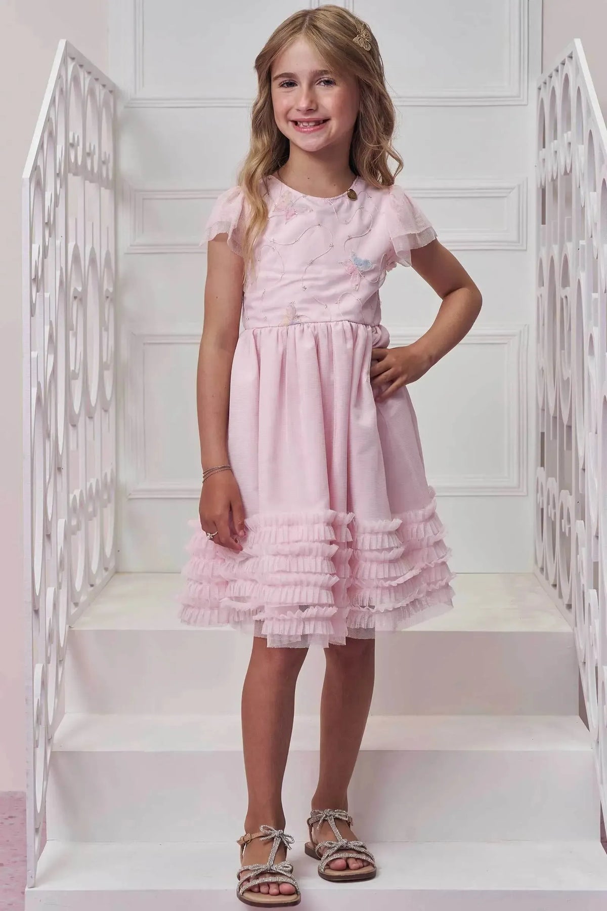 Vestido em Tule Bordado Borboleta e Tule com Elastano 99147 Infanti Infantil Menina
