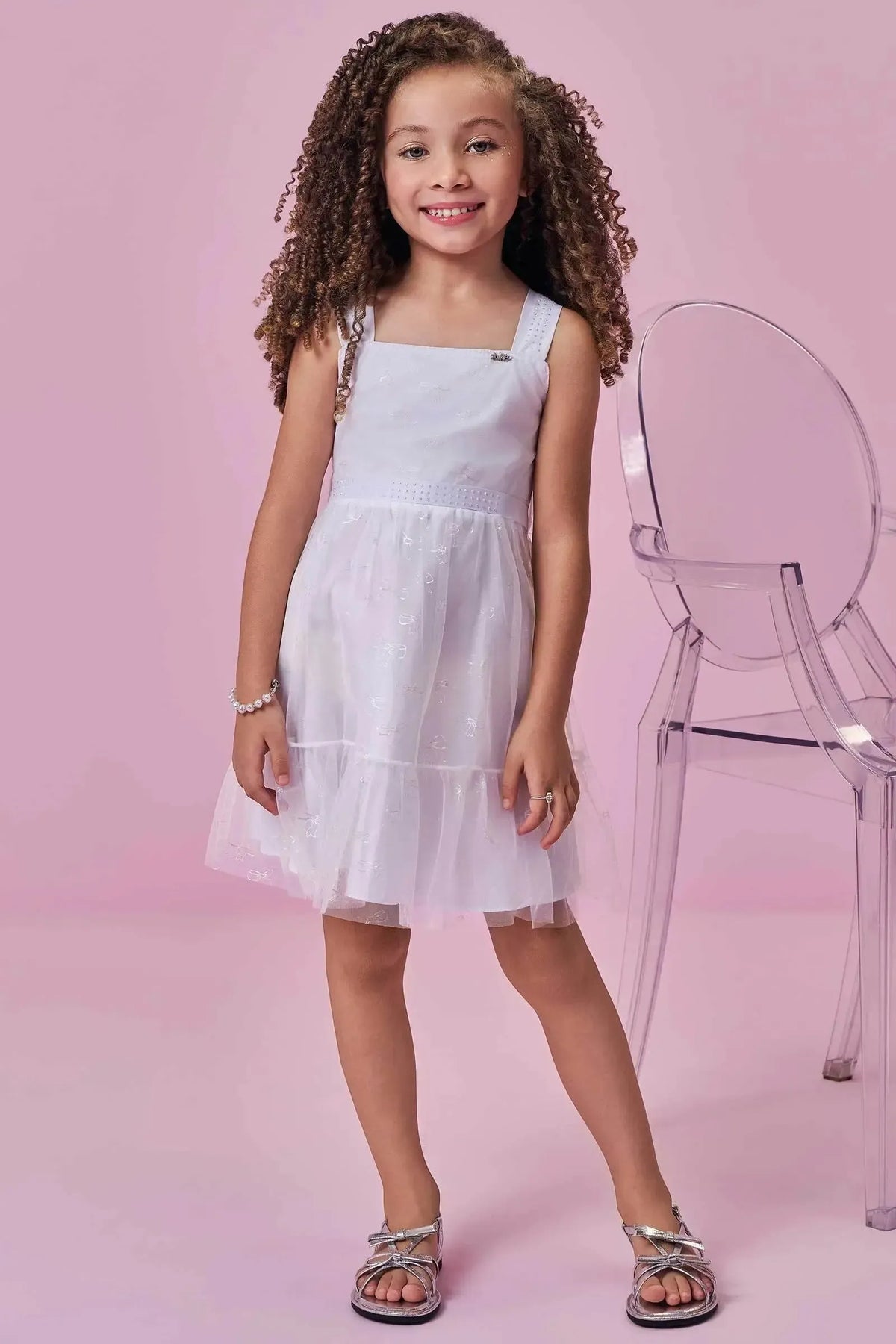Vestido em Tule Laços Foil 98844 Kukiê Infantil Menina